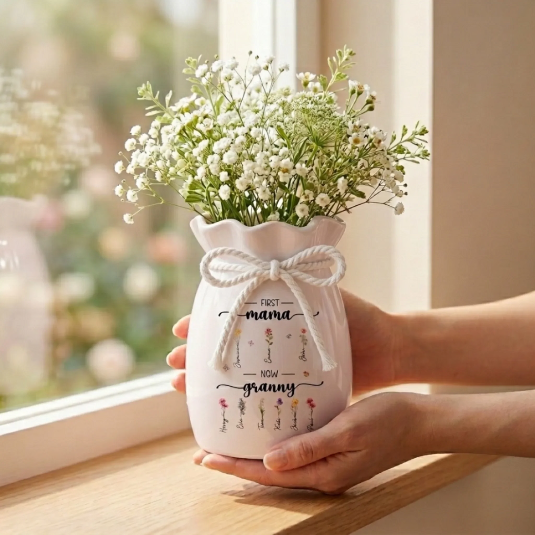 Her Love Bloomed Into Generations First Mom Now Grandma - Personalized Flower Vase With Ribbon - Mother's Day Gift For Mom, Grandma