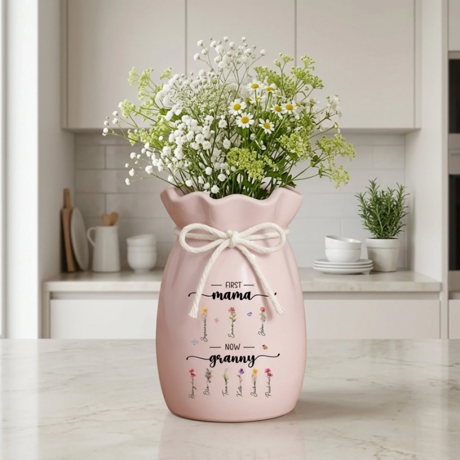 Her Love Bloomed Into Generations First Mom Now Grandma - Personalized Flower Vase With Ribbon - Mother's Day Gift For Mom, Grandma