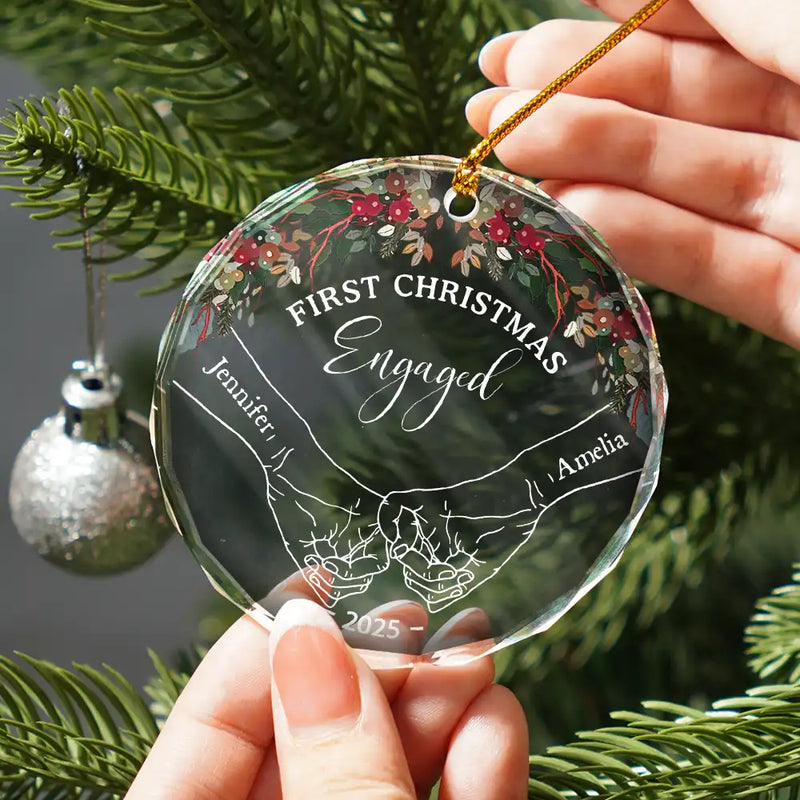 Personalized Holding Hands First Christmas Couple circle glass ornament, alternate view 2
