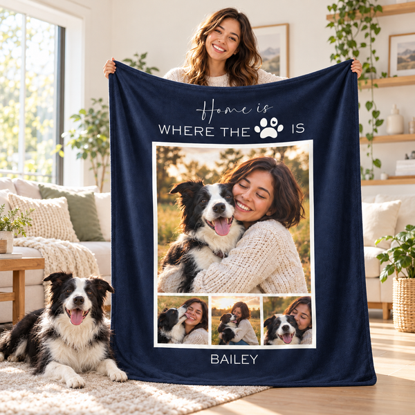 Custom Photo Home Is Where The Dog/Cat Is- Personalized Custom Blanket - Gift for Dog Lovers, Cat Lovers, Pet Lovers
