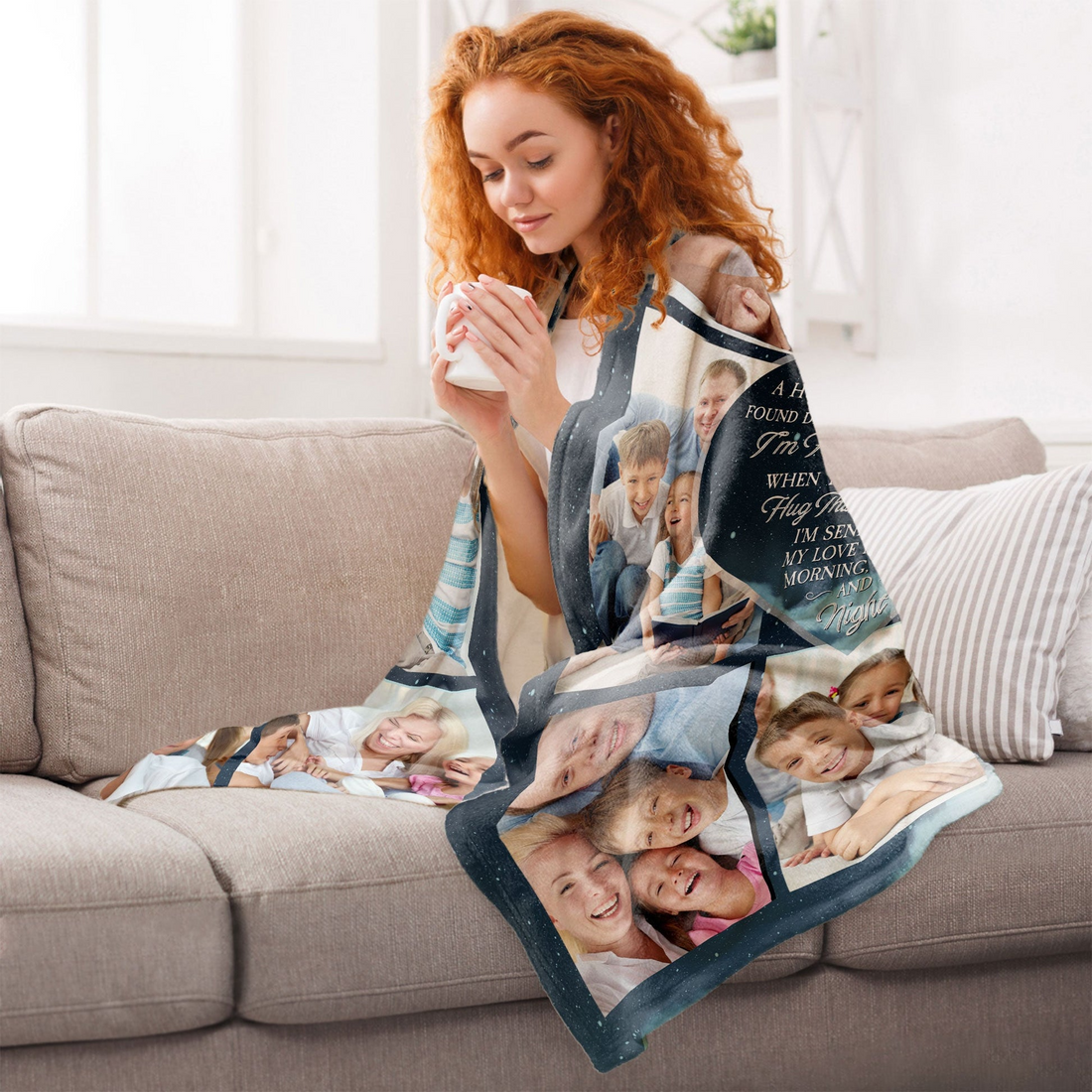 Personalized Custom Photo Hugs From Heaven fleece blanket, spread across a bed