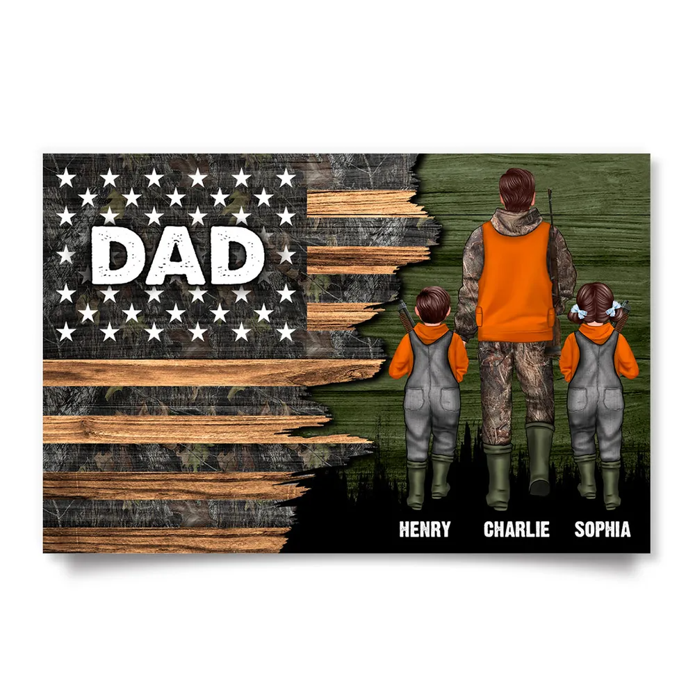 Personalized Hunting Dad Grandpa With Kids Half Nation Flag canvas print, a woman hanging the framed print on a wall