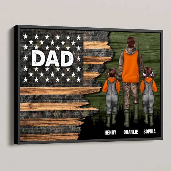 Hunting Dad Grandpa With Kids Half Nation Flag - Personalized Poster/Canvas Prints - Gift For Hunter, Hunting Season, Gift for Dad, Papa, Grandpa, Daddy, Dada