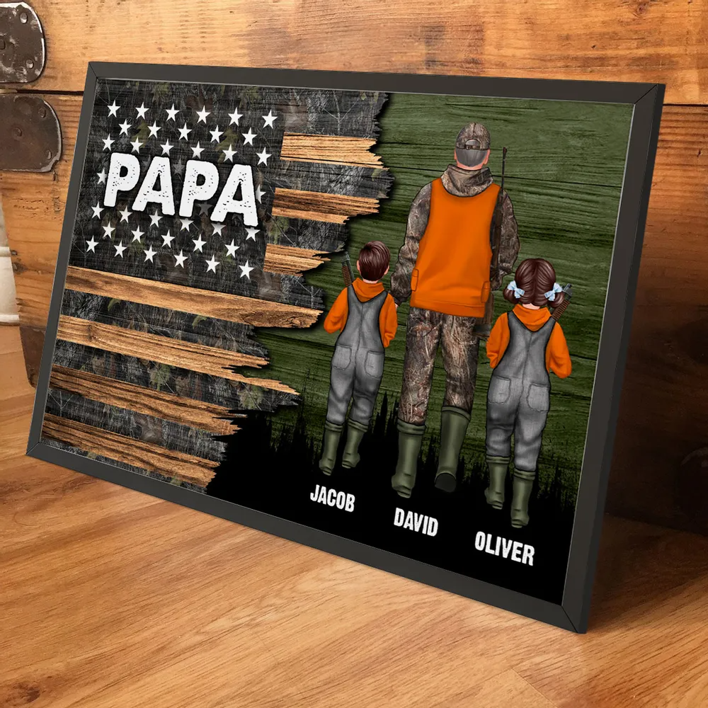 Personalized Hunting Dad Grandpa With Kids Half Nation Flag canvas print, room placement ideas for bedroom, desk, kitchen