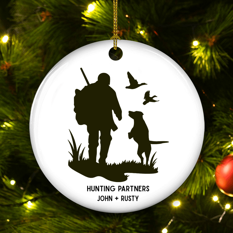 Personalized Hunting Partners Man and Dog circle ceramic ornament, alternate view 2