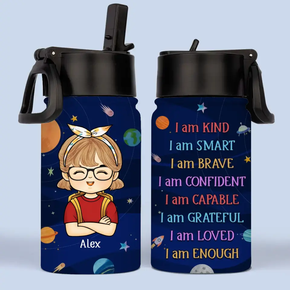 I Am Enough - Personalized Kids Stainless Steel Water Bottle - Custom Gift For Back To School, First Day of School - Student, Son, Daughter | Kindergarten, Pre-K, Preschool