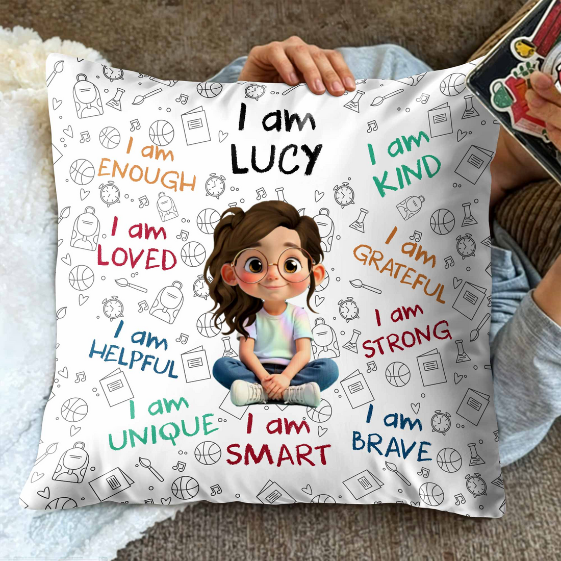 "I Am Enough" kid pillow with child avatar and name, alternate view 2