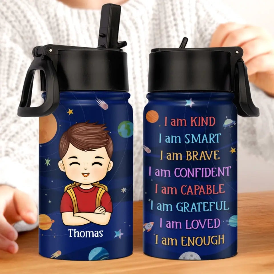 I Am Enough - Personalized Kids Stainless Steel Water Bottle - Custom Gift For Back To School, First Day of School - Student, Son, Daughter | Kindergarten, Pre-K, Preschool