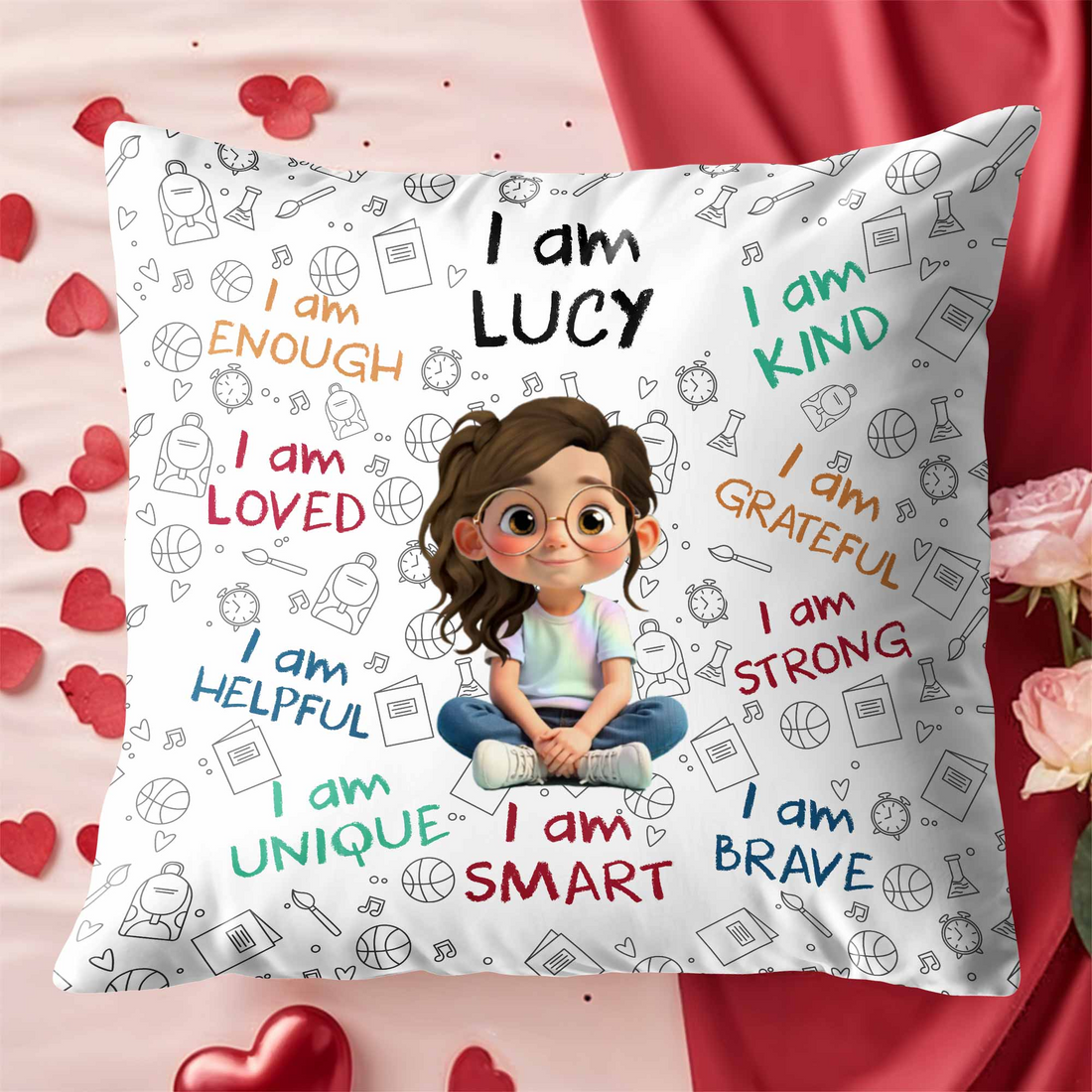 "I Am Enough" kid pillow with child avatar and name, alternate view 4