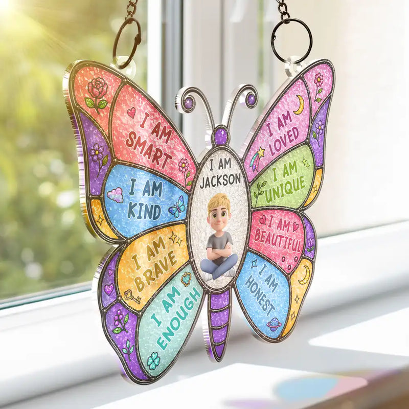 I Am Smart Kind Brave Butterfly - Personalized Window Hanging Suncatcher Ornament - Gift For Kids, Son/Daughter