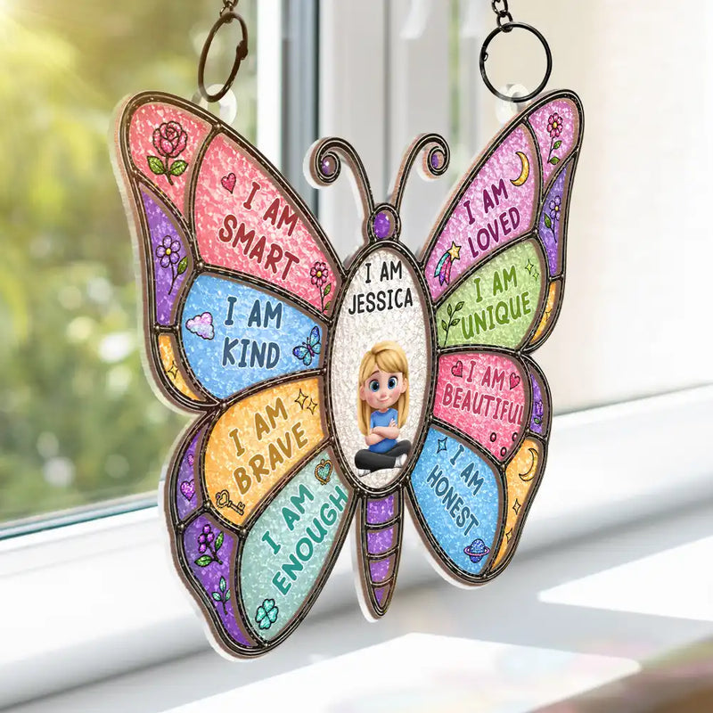 I Am Smart Kind Brave Butterfly - Personalized Window Hanging Suncatcher Ornament - Gift For Kids, Son/Daughter