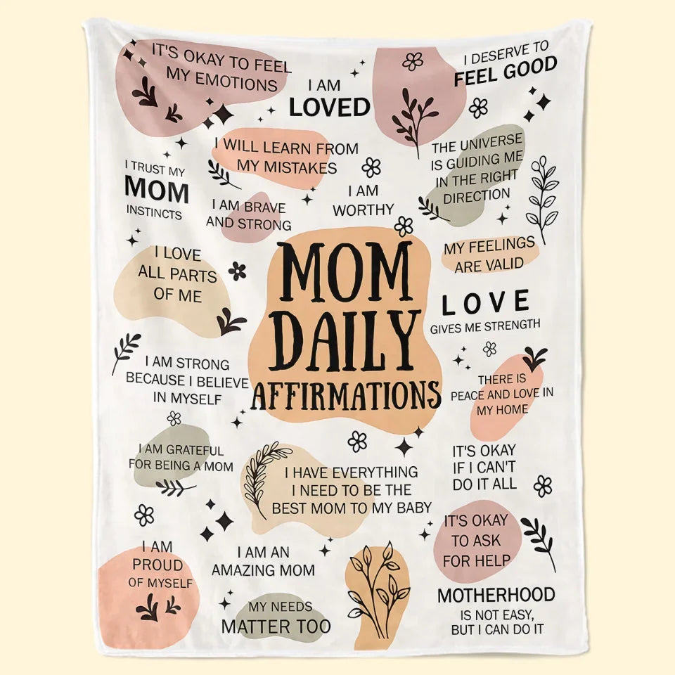 Personalized I Love All Parts Of Me Mom Affirmation fleece blanket, spread across a bed