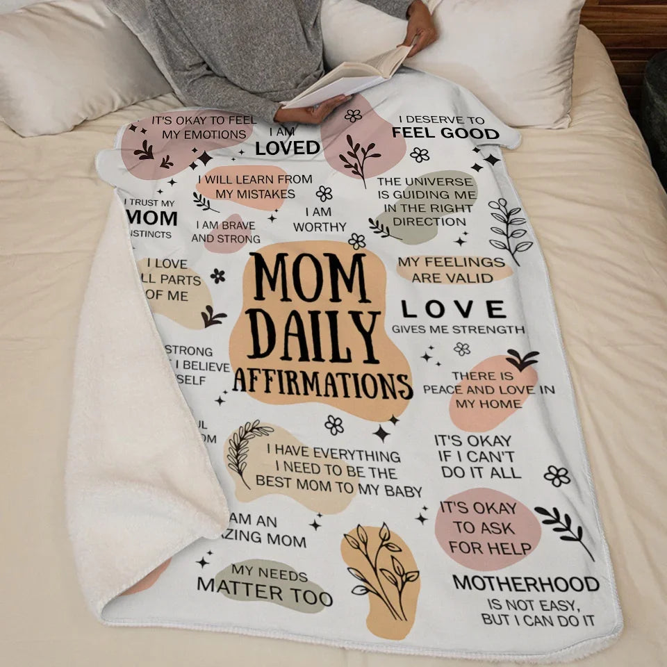Personalized I Love All Parts Of Me Mom Affirmation fleece blanket, sherpa reverse side folded back