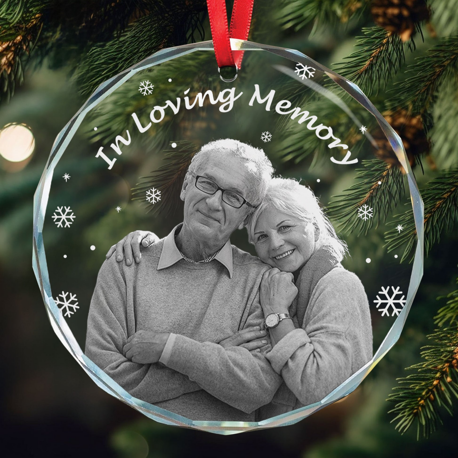 Custom Photo In Loving Memory Forever In Our Hearts - Personalized Christmas Circle Glass Ornament - Memorial Sympathy Gifts For Loss Of Mom, Dad