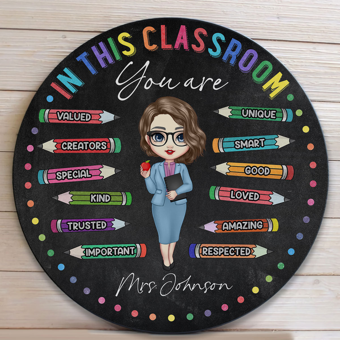Personalized In This Classroom You Are round wood sign, alternate view 4
