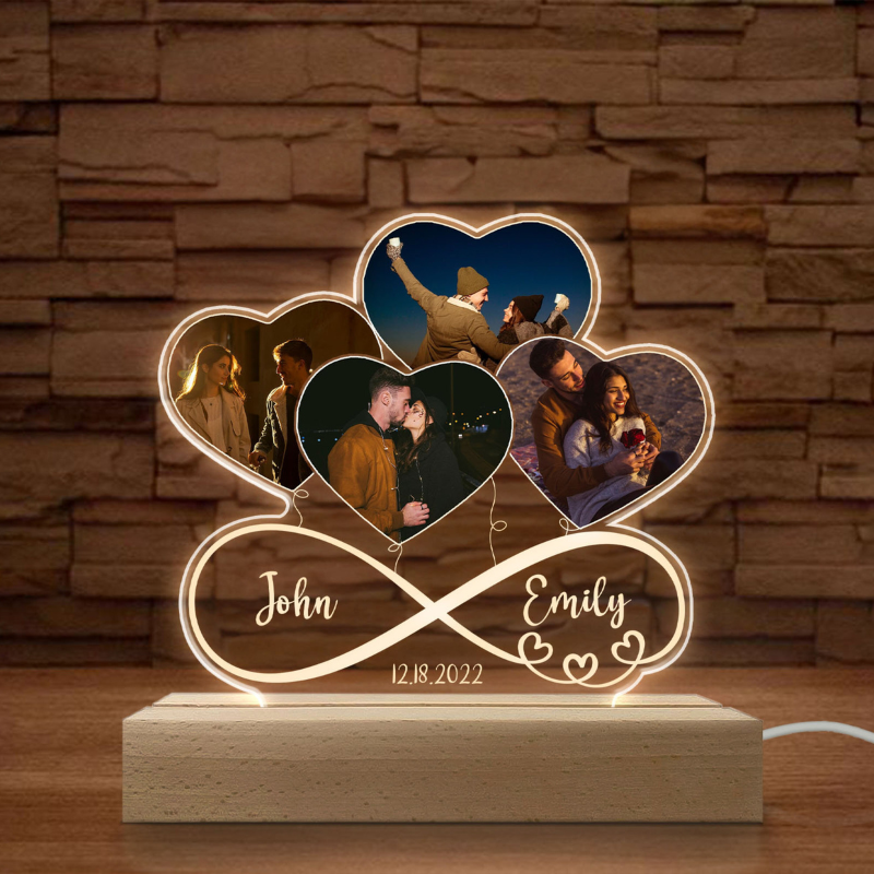 Custom Photo Couple Infinity Love Heart Balloons - Personalized 3D Led Light Wooden Base - Gift For Her/Him, Wife/Husband, Girlfriend/Boyfriend on Anniversary, Valentine's Day