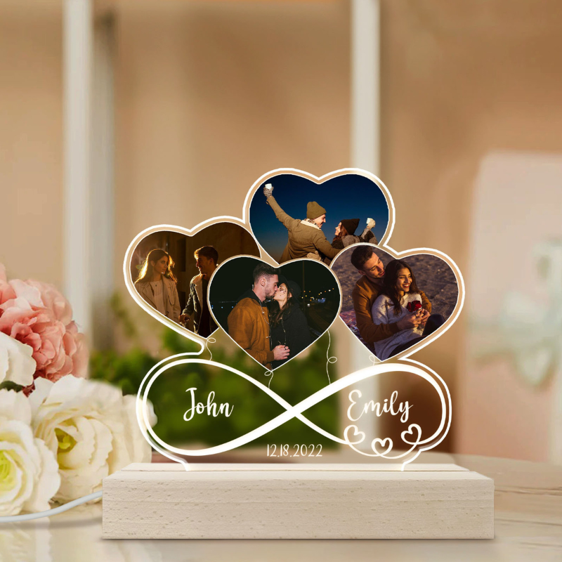 Custom Photo Couple Infinity Love Heart Balloons - Personalized 3D Led Light Wooden Base - Gift For Her/Him, Wife/Husband, Girlfriend/Boyfriend on Anniversary, Valentine's Day