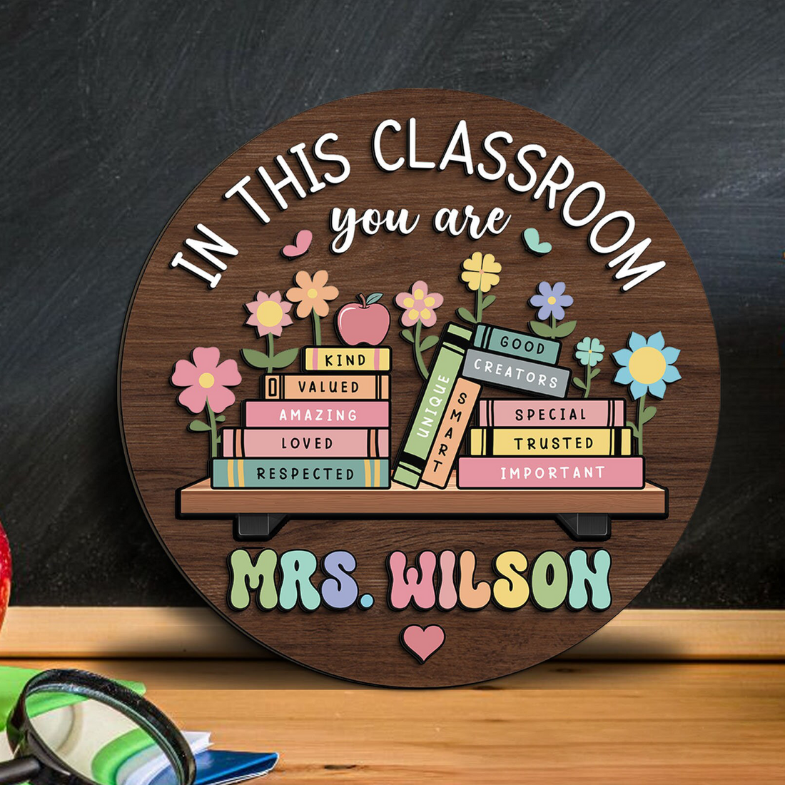Personalized In this Classroom You Are Teacher 3D Effect Door Sign round wood sign, alternate view 4