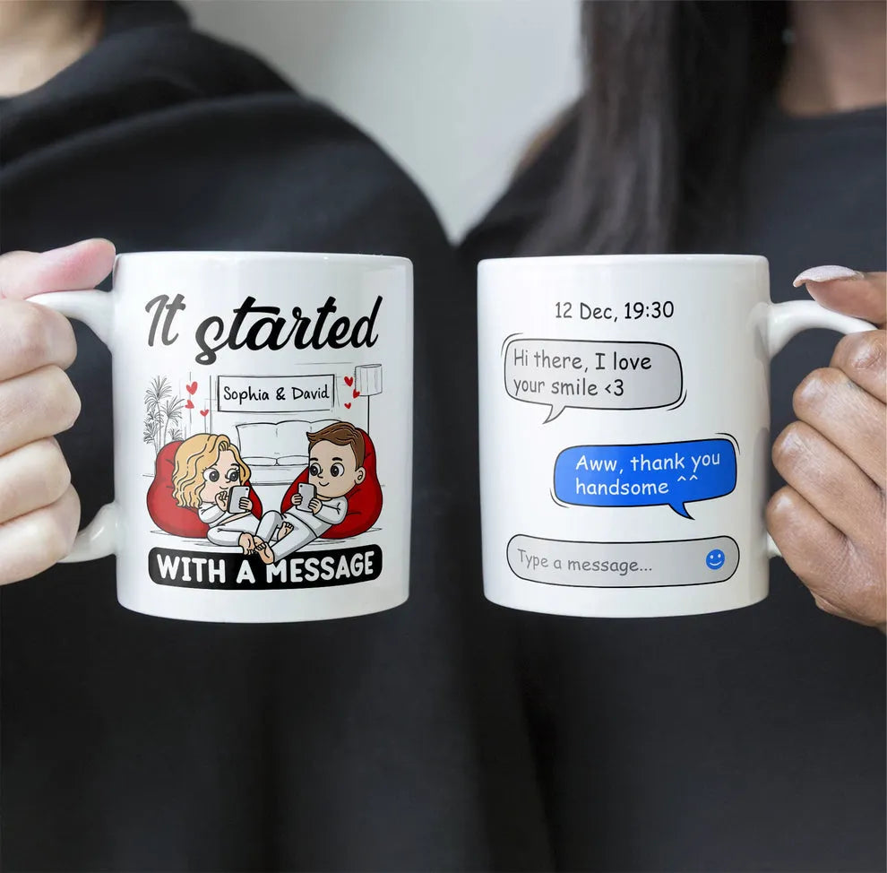 Couple's Personalized Love Story Mug: "It Started With A Message" Custom Illustration - Anniversary or Birthday Gift for Him and Her