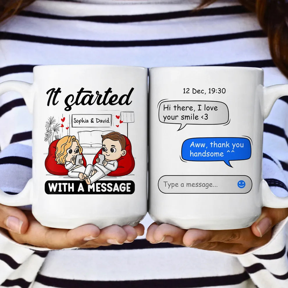 Couple's Personalized Love Story Mug: "It Started With A Message" Custom Illustration - Anniversary or Birthday Gift for Him and Her