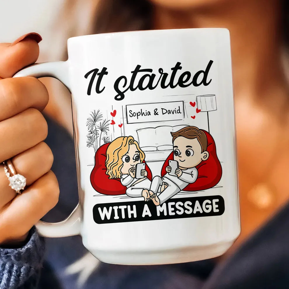 Couple's Personalized Love Story Mug: "It Started With A Message" Custom Illustration - Anniversary or Birthday Gift for Him and Her