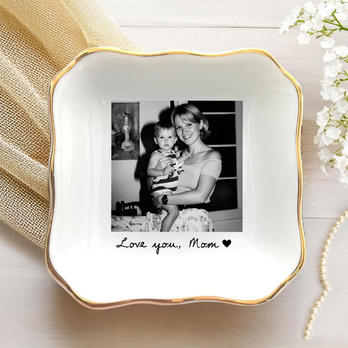 Custom Photo Thank You Mom Trinket Tray - Personalized Jewelry Dish - Mother's Gift For Mom, Grandma