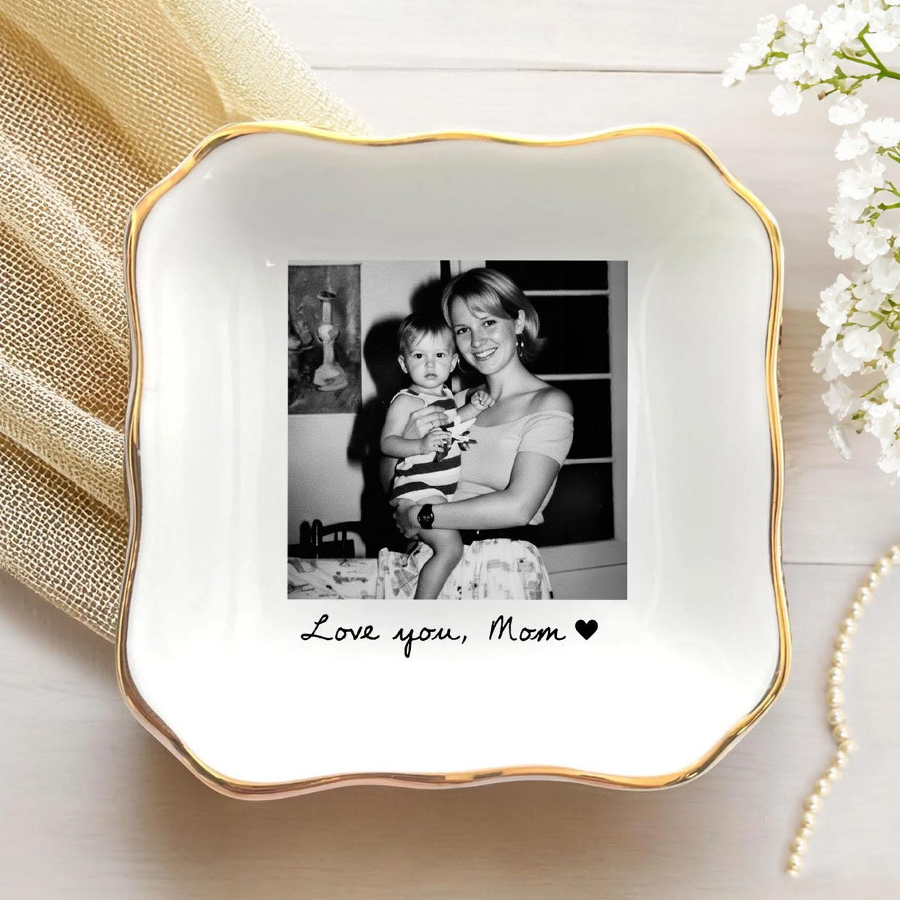 Custom Photo Thank You Mom Trinket Tray - Personalized Jewelry Dish - Mother's Gift For Mom, Grandma