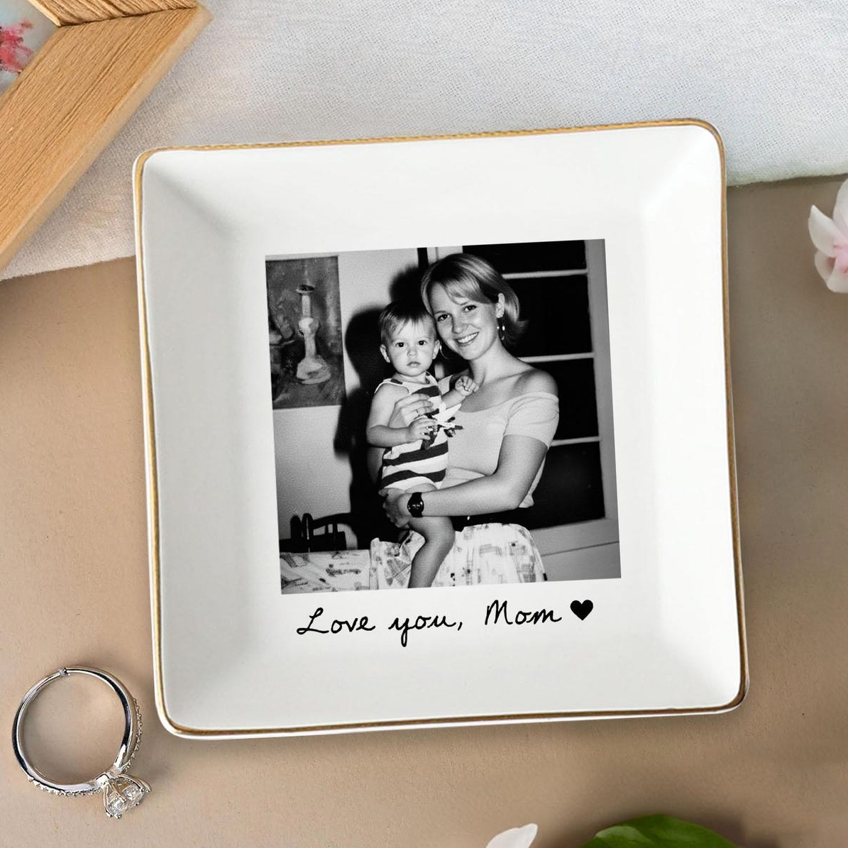 Custom Photo Thank You Mom Trinket Tray - Personalized Jewelry Dish - Mother's Gift For Mom, Grandma