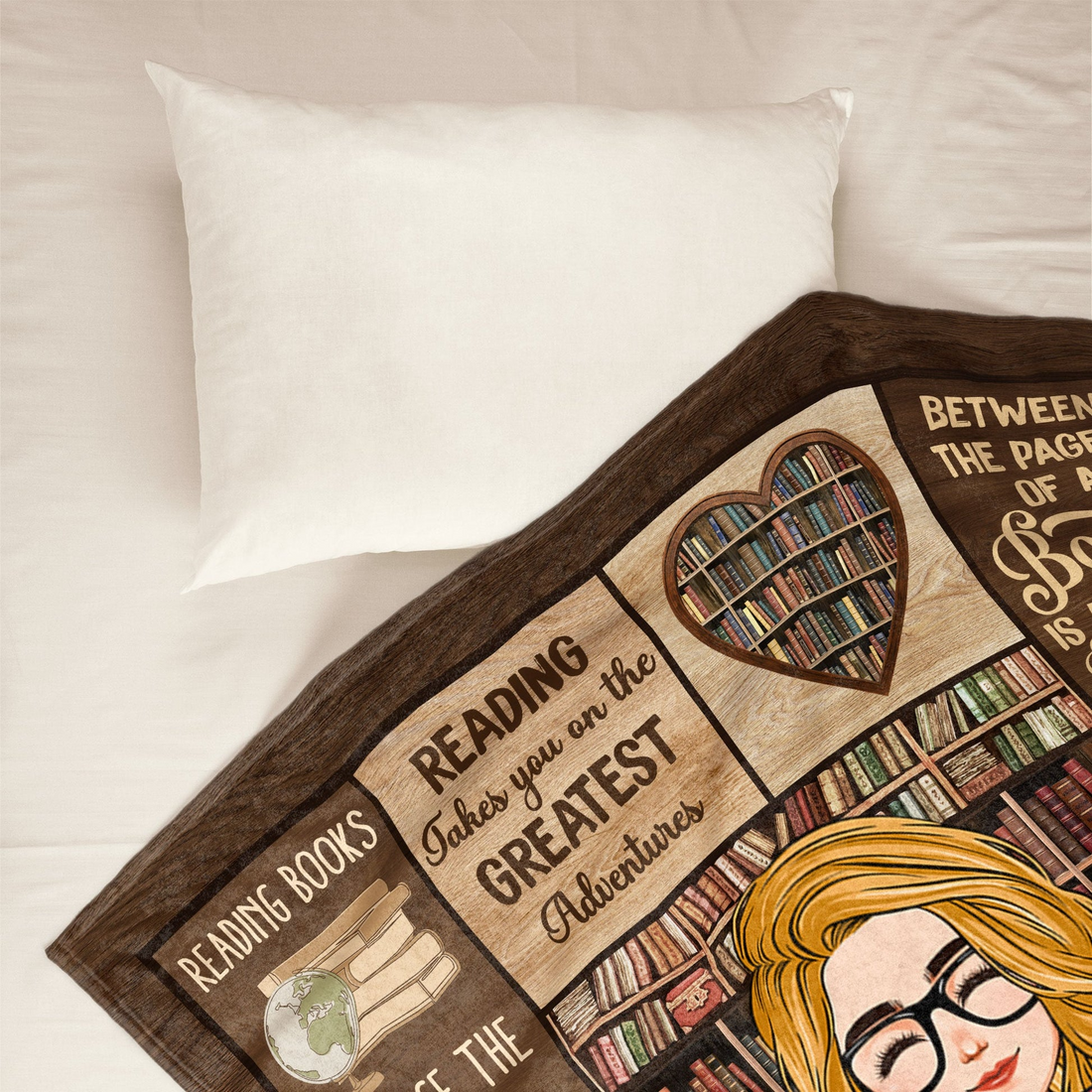Personalized Just A Girl Who Loves Books fleece blanket, held up in a bright room