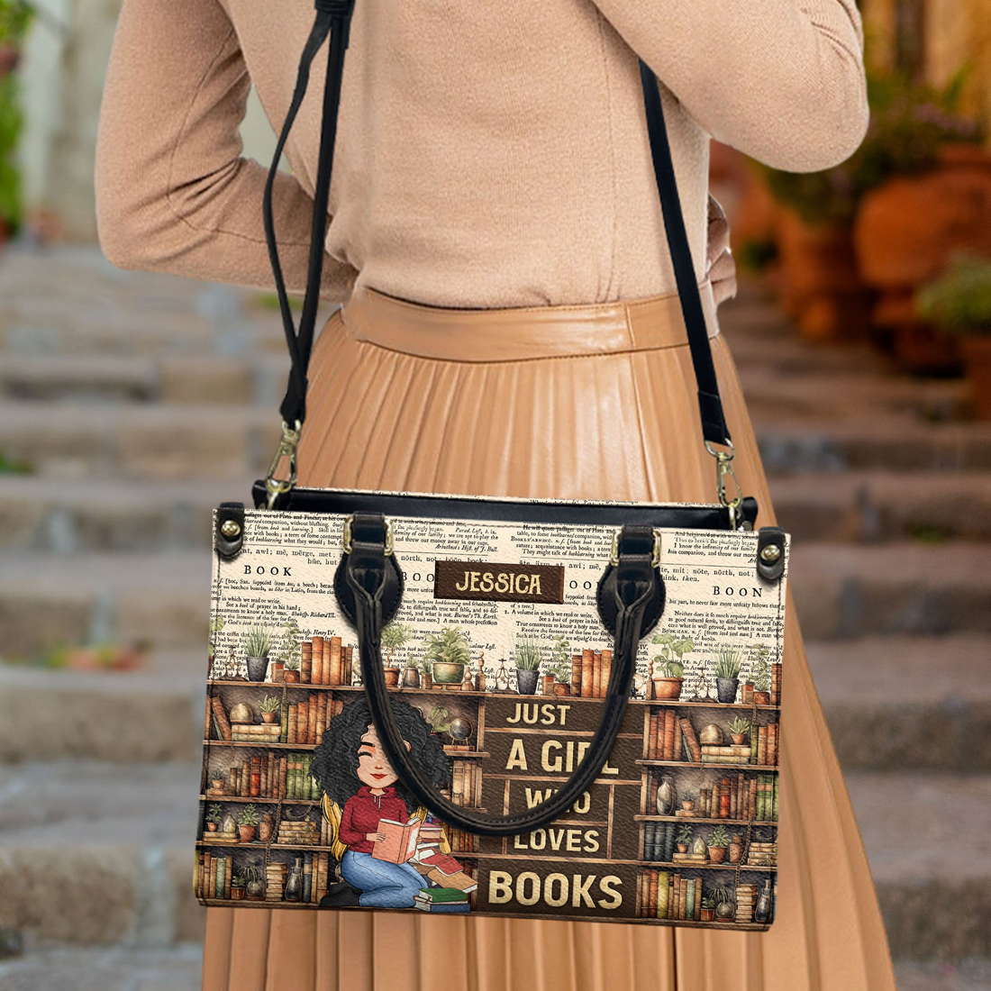 Personalized Vintage Just A Girl Who Loves Books handbag, interior pockets and removable strap details