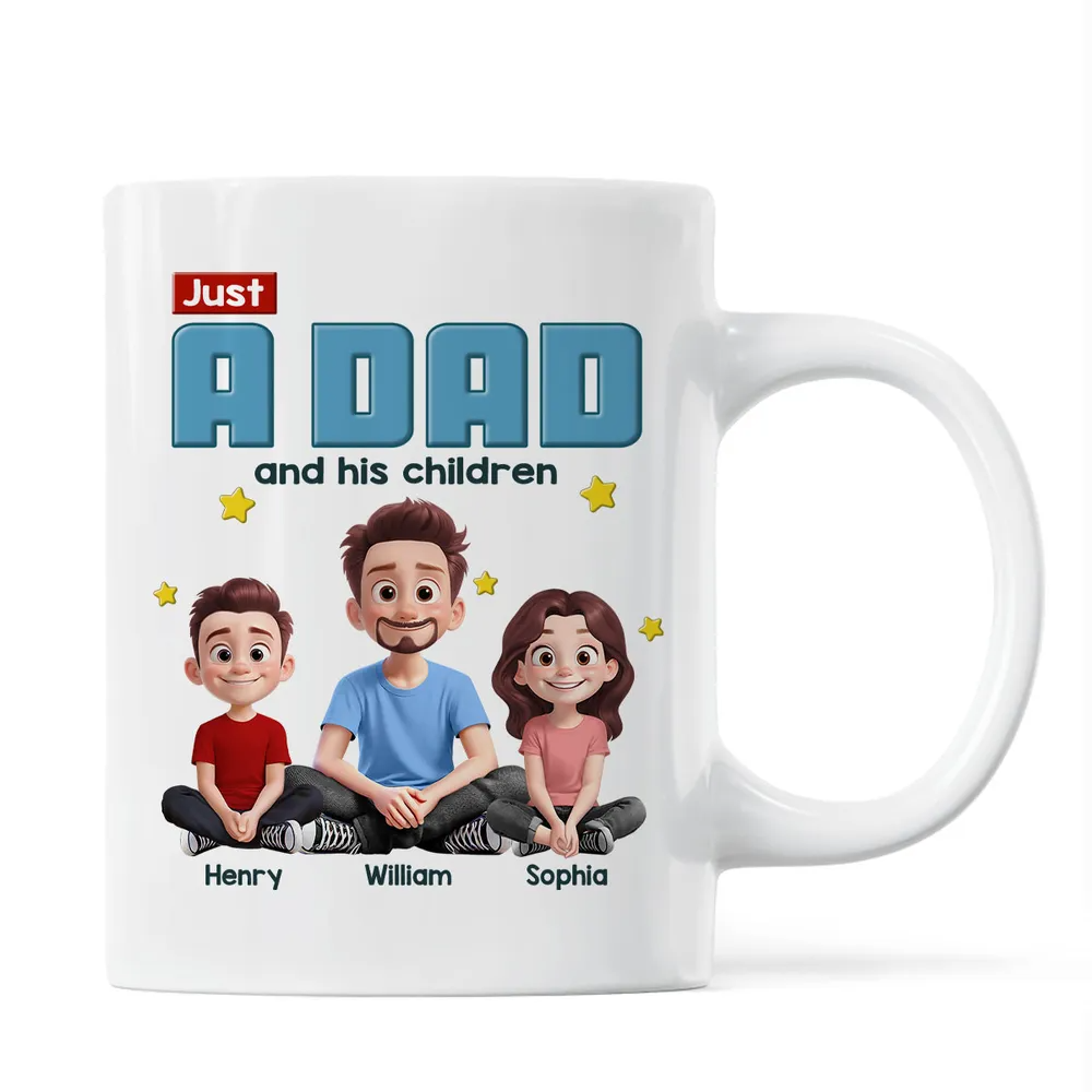 Just A Dad And His Kids 3D Cartoon - Personalized Custom Mug - Father's Day, Birthday Gift For Dad, Daddy