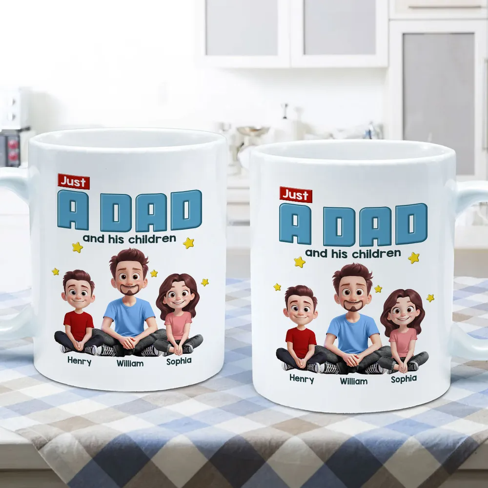 Just A Dad And His Kids 3D Cartoon - Personalized Custom Mug - Father's Day, Birthday Gift For Dad, Daddy