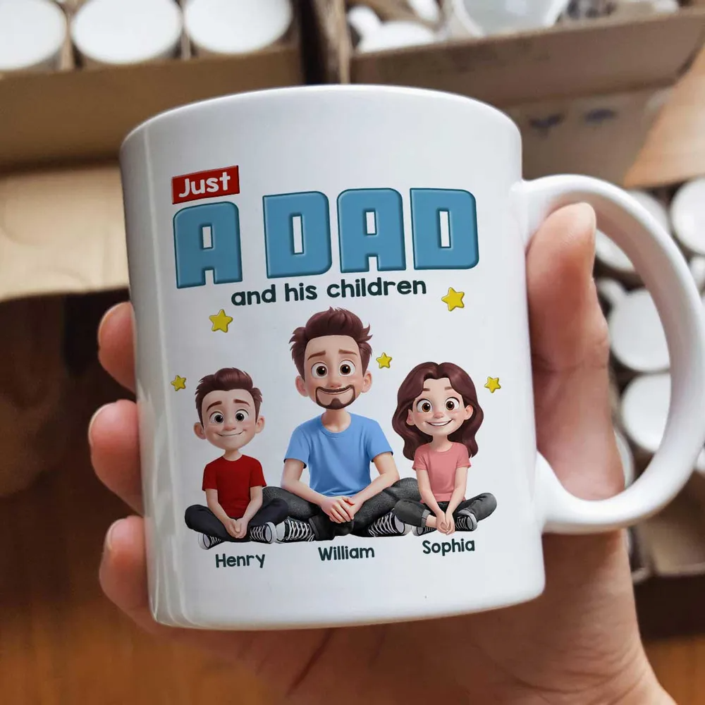 Just A Dad And His Kids 3D Cartoon - Personalized Custom Mug - Father's Day, Birthday Gift For Dad, Daddy