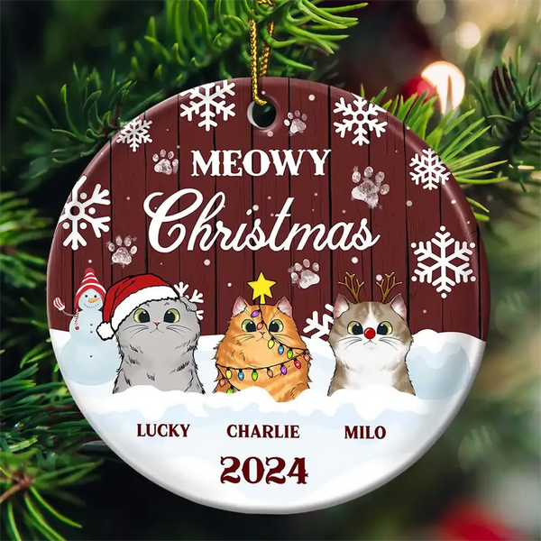 Meowy Christmas - Personalized Circle Ceramic Ornament - Christmas Gift for Cat Lovers, Pet Lovers, Cat Mom, Cat Dad