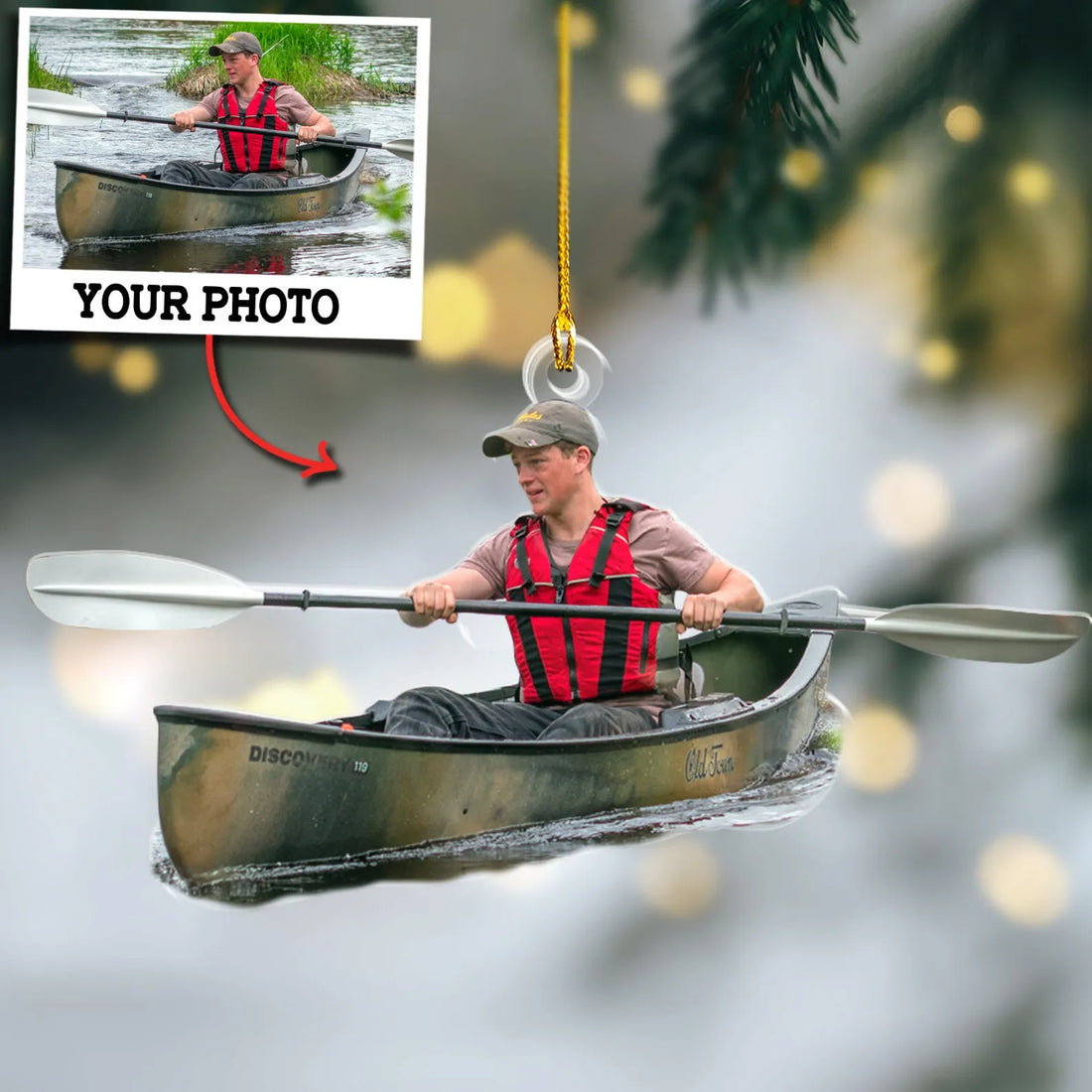 Custom Photo Kayak Christmas Ornament, Personalized Gift with custom shaped acrylic ornament, alternate view 3