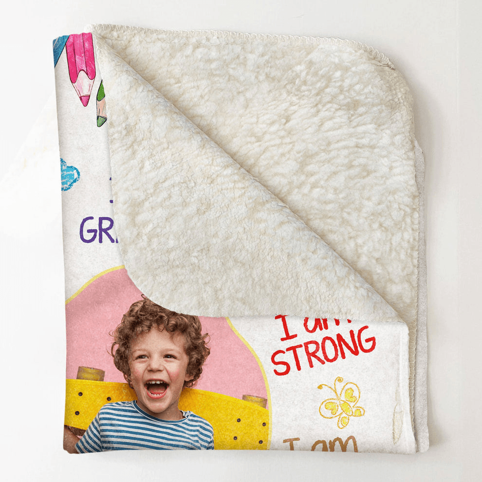 Personalized I Am Kind Smart Loved Affirmations Kid Blanket fleece blanket, sherpa reverse side folded back
