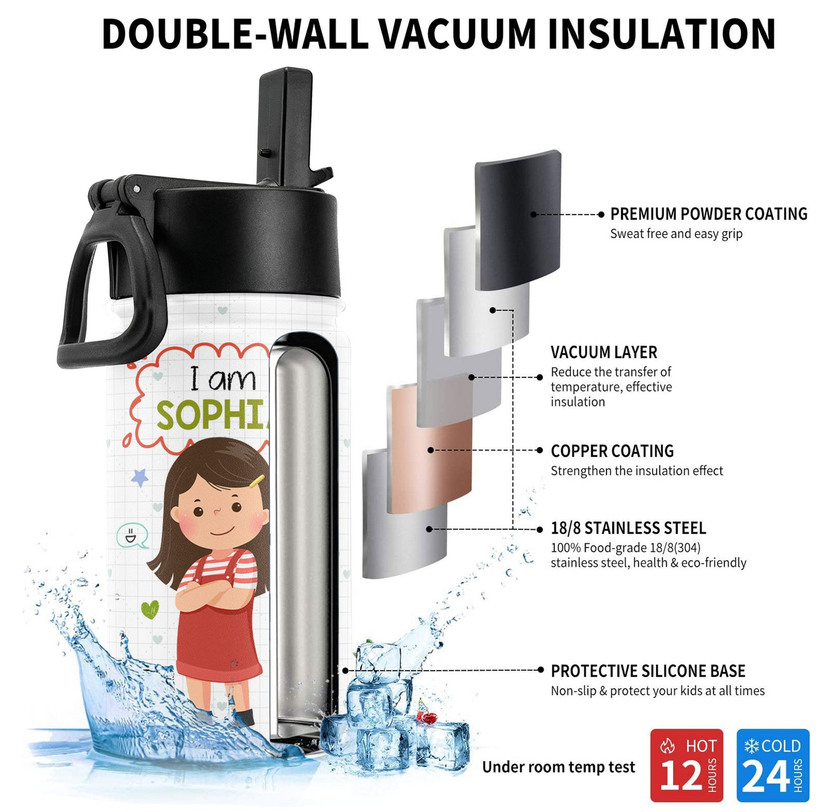 I am Kind Smart Brave - Personalized Kids Stainless Steel Water Bottle - Custom Gift For Back To School, First Day of School - Student, Son, Daughter | Kindergarten, Pre-K, Preschool