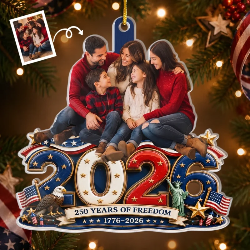 Custom Photo Land Of Free Loved Family - Personalized Custom Shaped Acrylic Ornament - America 250th Anniversary Christmas Gifts For Mom, Dad, Brother, Sister
