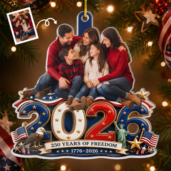Custom Photo Land Of Free Loved Family - Personalized Custom Shaped Acrylic Ornament - America 250th Anniversary Christmas Gifts For Mom, Dad, Brother, Sister