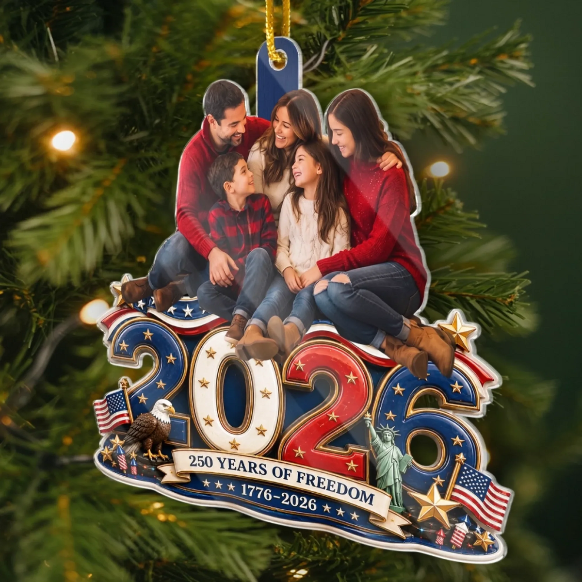 Custom Photo Land Of Free Loved Family - Personalized Custom Shaped Acrylic Ornament - America 250th Anniversary Christmas Gifts For Mom, Dad, Brother, Sister
