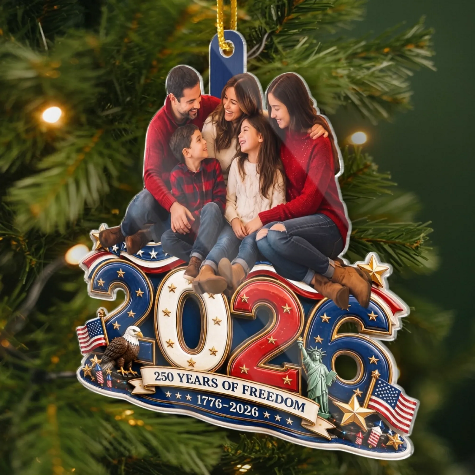 Custom Photo Land Of Free Loved Family - Personalized Custom Shaped Acrylic Ornament - America 250th Anniversary Christmas Gifts For Mom, Dad, Brother, Sister