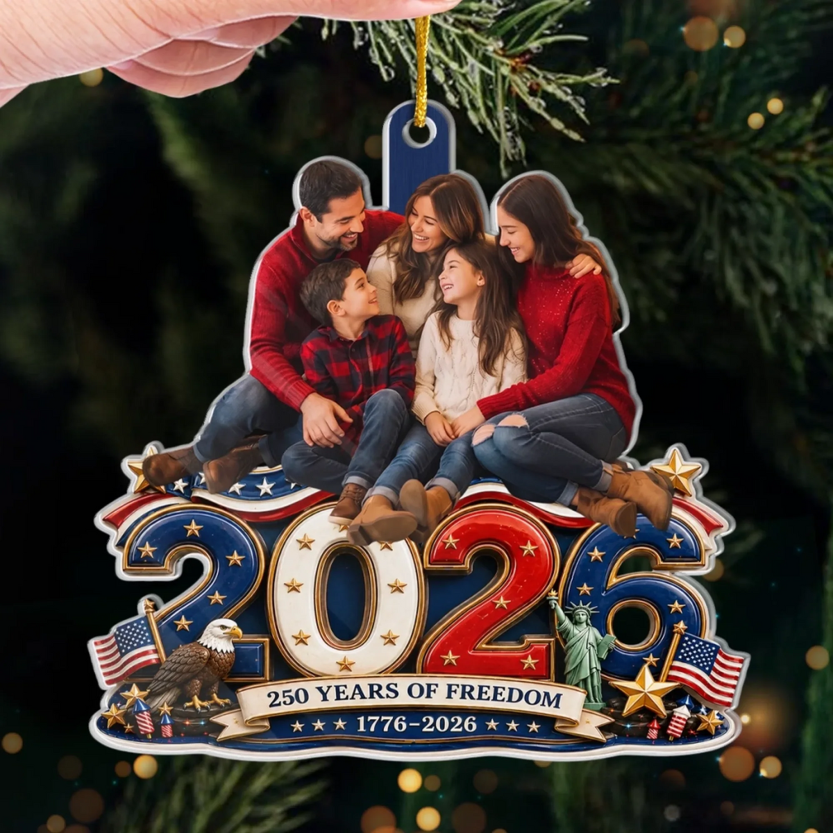 Custom Photo Land Of Free Loved Family - Personalized Custom Shaped Acrylic Ornament - America 250th Anniversary Christmas Gifts For Mom, Dad, Brother, Sister