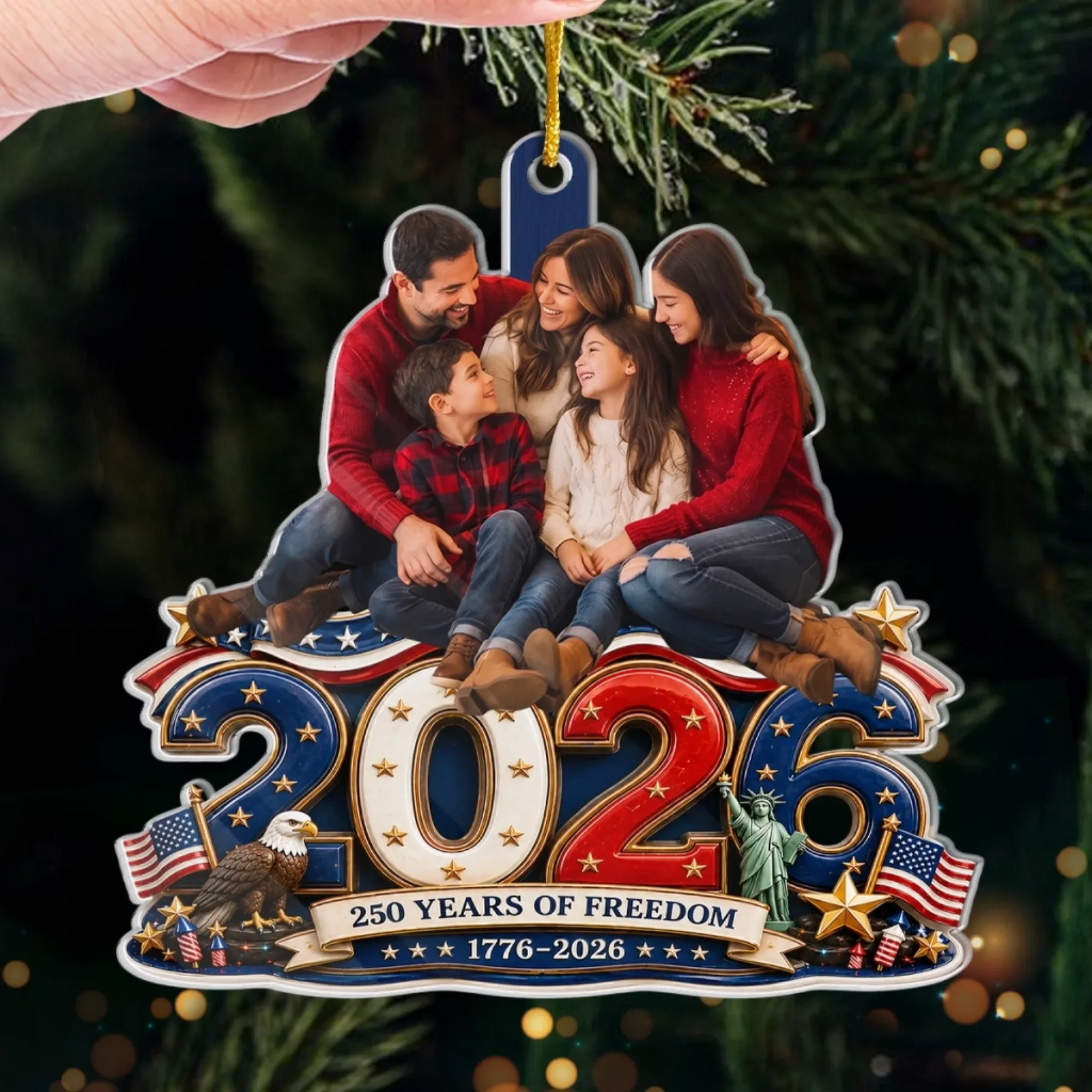 Custom Photo Land Of Free Loved Family - Personalized Custom Shaped Acrylic Ornament - America 250th Anniversary Christmas Gifts For Mom, Dad, Brother, Sister