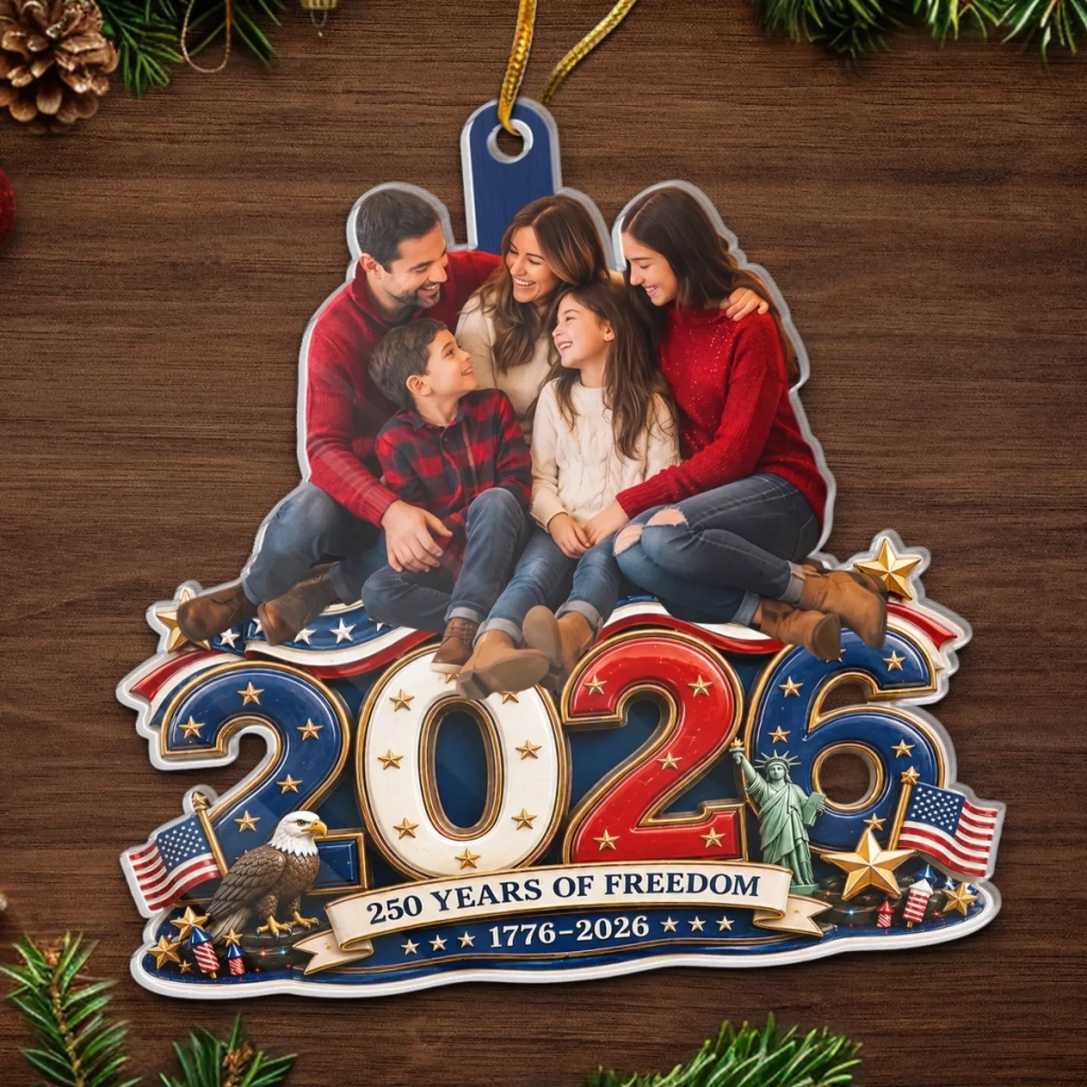 Custom Photo Land Of Free Loved Family - Personalized Custom Shaped Acrylic Ornament - America 250th Anniversary Christmas Gifts For Mom, Dad, Brother, Sister