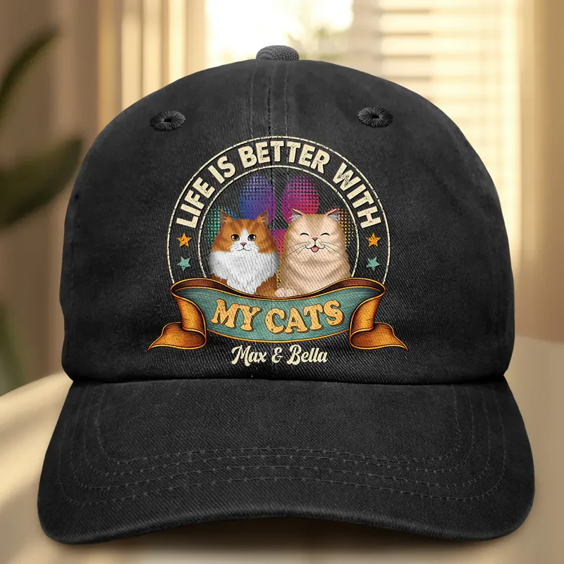 Life Is Better With Cat Dog - Personalized Custom Vintage Washed Denim Cap - Father's Day Gift for Dog Dad, Cat Dad, Dog Lovers, Cat Lovers