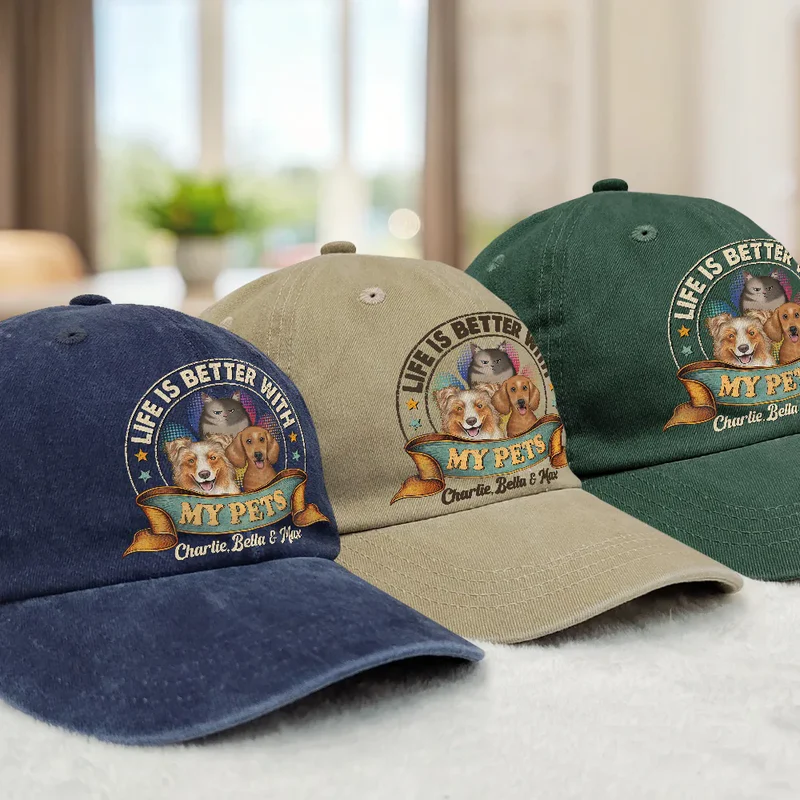 Life Is Better With Cat Dog - Personalized Custom Vintage Washed Denim Cap - Father's Day Gift for Dog Dad, Cat Dad, Dog Lovers, Cat Lovers