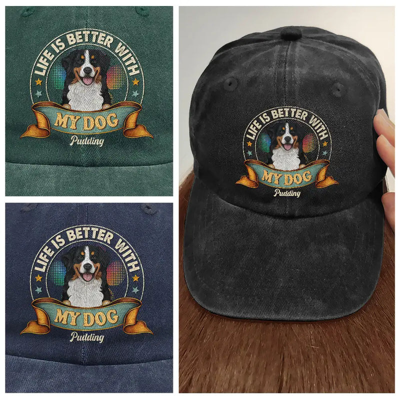 Life Is Better With Cat Dog - Personalized Custom Vintage Washed Denim Cap - Father's Day Gift for Dog Dad, Cat Dad, Dog Lovers, Cat Lovers