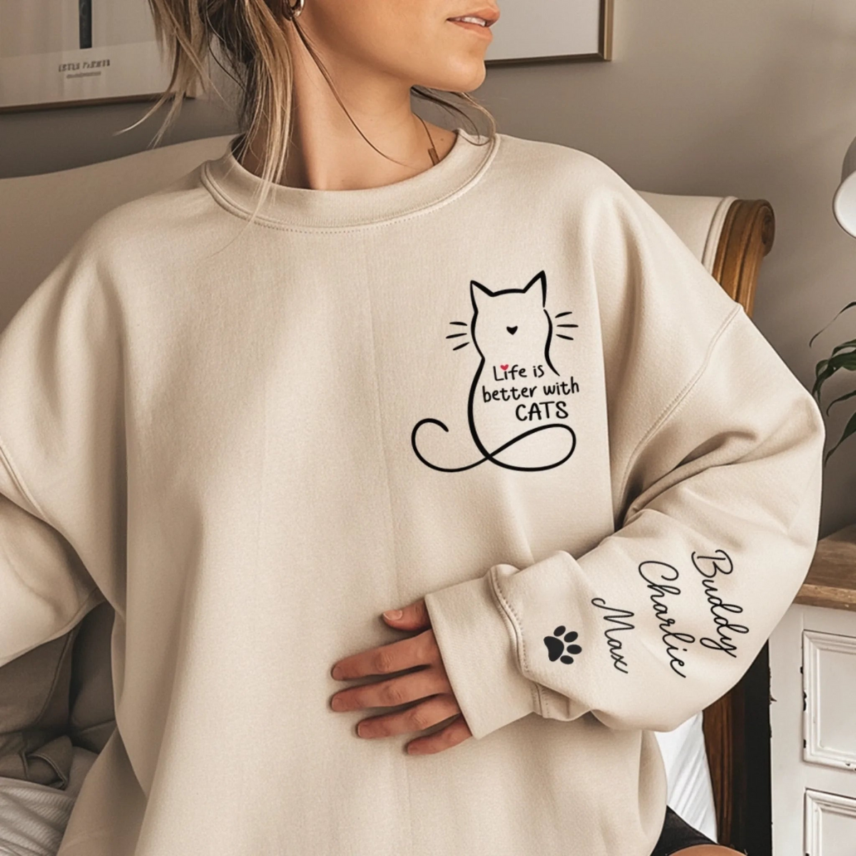 Life Is Better With Cats - Personalized Sleeve Printed Sweater - Gift For Cat Lovers, Cat Mom, Cat Dad