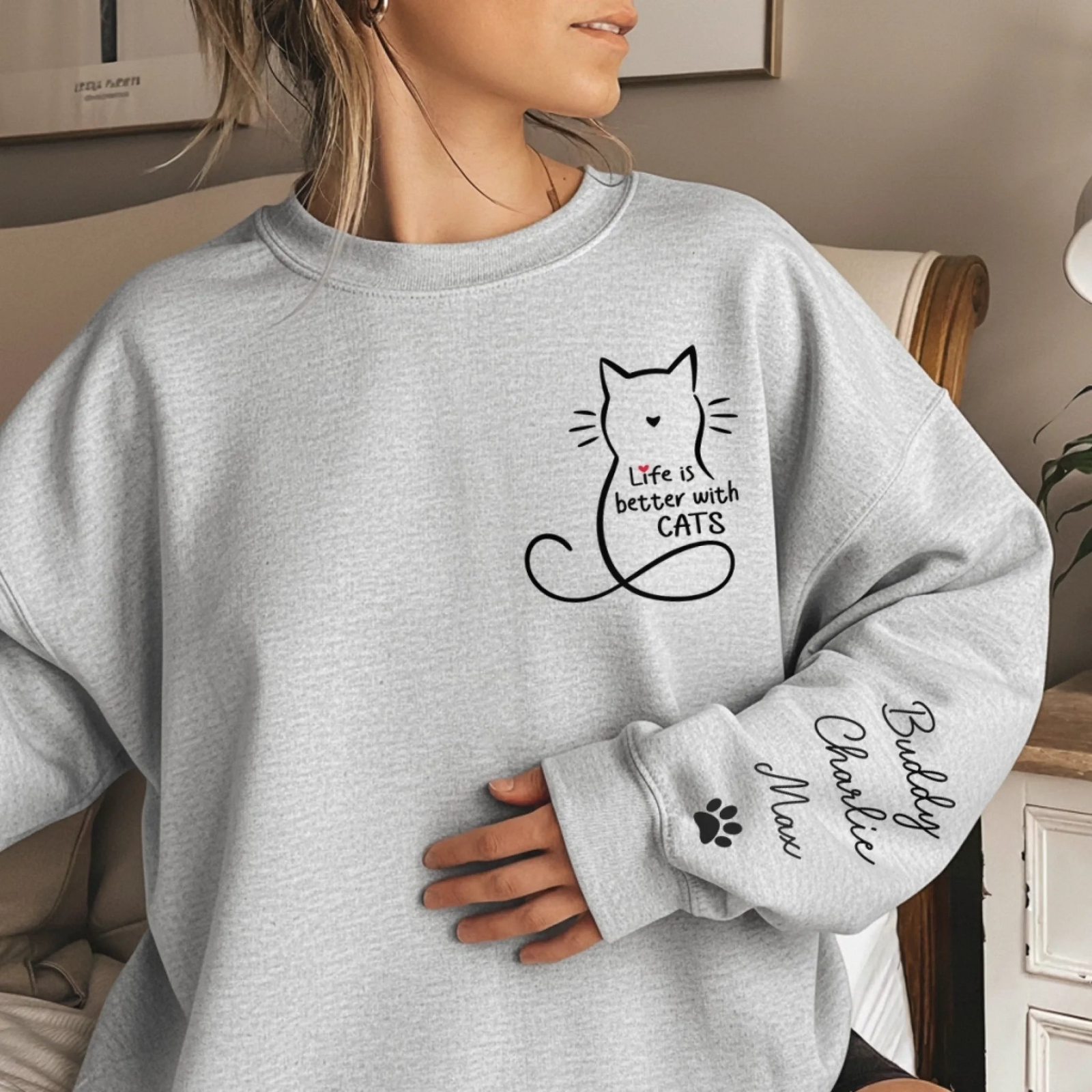 Life Is Better With Cats - Personalized Sleeve Printed Sweater - Gift For Cat Lovers, Cat Mom, Cat Dad