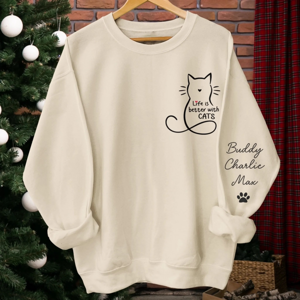 Life Is Better With Cats - Personalized Sleeve Printed Sweater - Gift For Cat Lovers, Cat Mom, Cat Dad